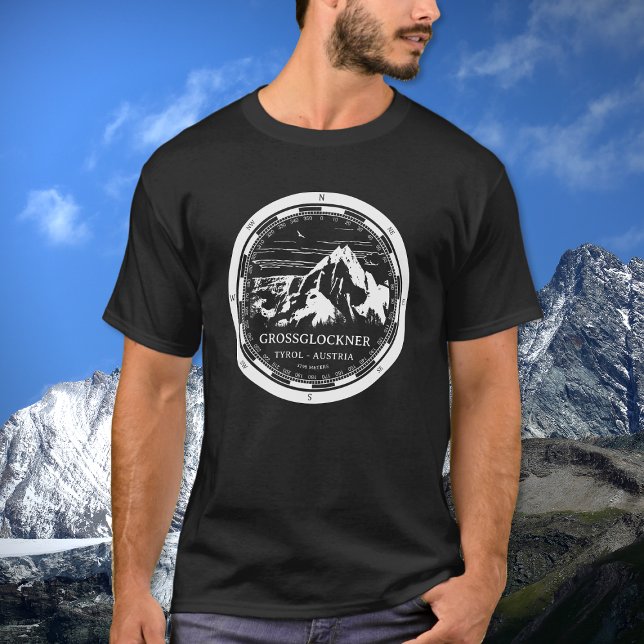 Grossglockner - Tirol - Alpen T-Shirt (Mount Grossglockner T-Shirt in Back with a white compass and mountain illustration)