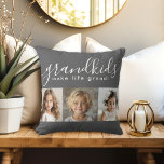 Großkinder machen das Leben groß mit 3 Fotos Kissen<br><div class="desc">Dieses personalisierte Kissendesign ist ein Geschenk, das die Großeltern bewundern werden. Es verfügt über eine 3-Foto-Vorlage, die Sie mit Fotos der Enkel persönlich gestalten können. Eine Kombination moderner handgeschriebener Schrift kombiniert mit einem modernen serifenlosen Sans-Schriftart schreibt: "Enkel machen das Leben großartig!" Der Hintergrund ist ein angesagtes Holzkohlegrau mit modernem Ambiente....</div>