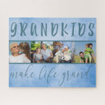 Großkinder machen Life Grand 4 Foto Collage Blue Puzzle<br><div class="desc">Dieses Puzzle ist ein lustiges Foto für Großeltern. Sie können 4 Ihrer Lieblings-Fotos der Enkel, die in quadratischem Format, Foto Strip Stil angezeigt werden. Die einfache Collage ist mit dem Sprichwort "Enkel machen das Leben groß" gerahmt und ist Set vor einem blauen Hintergrund. Bitte stöbern Sie in unserem Shop für...</div>
