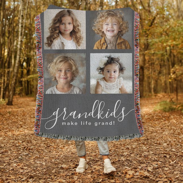 Großkinder machen Life Grand Foto Collage grau Decke (A great gift idea for Grandparents, personalize with any 4 photos.)