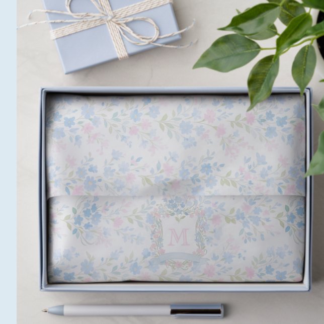 Großmillennial Blumig Personalisiert Seidenpapier (personalized grandmillennial pastel pink powder blue floral family crest wedding tissue paper)