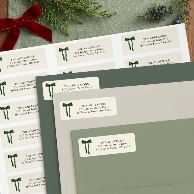 Großmillennial-Grünbogen-Rücksendeadresse-Festtag (Green Bow Address Labels from the Grandmillenial Botanical Bow Christmas collection by Darling & May)