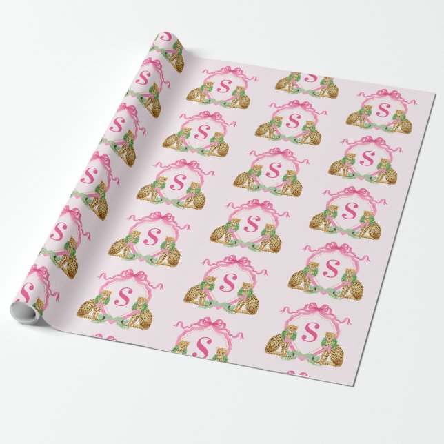 Großmillennial-Weihnachts-Leoparden-Monogramm Geschenkpapier (Ungerollt)