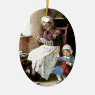 Großmutter- und Enkelinnähen Keramikornament