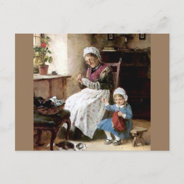 Großmutter und Enkeltochter nähen Postkarte (Vorderseite)