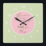 Großmutter weiß, es gibt immer die Uhr der Zeit<br><div class="desc">Sie wissen, Oma weiß... und sie verdient eine Uhr, die sagt, sie weiß! Diese großartige Wanduhr ist nur für Oma. Das Design enthält die Worte "Grandmas wissen, dass es immer Zeit für Schläger gibt" auf einem rosa Kreis in der Mitte der Uhr mit einem kleinen weißen Rand mit weißen Uhrennummern...</div>