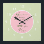 Großmutter weiß, es gibt immer die Uhr der Zeit<br><div class="desc">Sie wissen, Oma weiß... und sie verdient eine Uhr, die sagt, sie weiß! Diese großartige Wanduhr ist nur für Oma. Das Design enthält die Worte "Grandmas wissen, dass es immer Zeit für Schläger gibt" auf einem rosa Kreis in der Mitte der Uhr mit einem kleinen weißen Rand mit weißen Uhrennummern...</div>