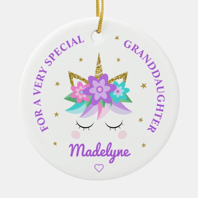 Großtochter Unicorn Purple Blumen Personalisiert Keramik Ornament (Vorne)