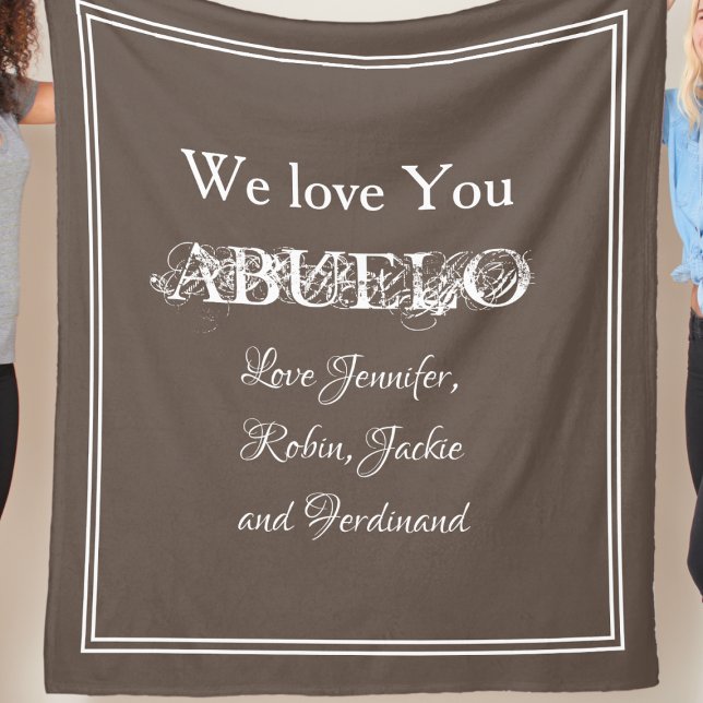 Großvater Custom Grandkids Benennt Liebe Sie ABUEL Fleecedecke ("We Love You ABUELO' - personalized light brown fleece blanket.)