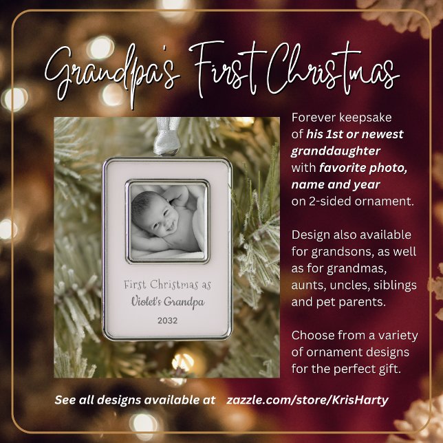 Großvaters 1. Weihnachts-Personalisierte Foto Name Rahmen-Ornament Silber (Grandpa's First Christmas with 2st or newest Granddaughter. Gift him this  photo forever keepsake.)