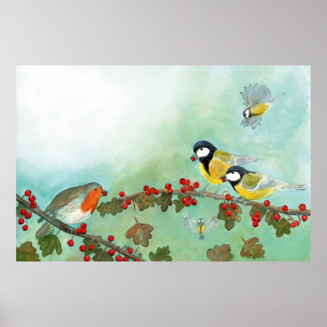 Großwildvögel, Rote Robin und Hawthorn Berries Poster (Vorne)
