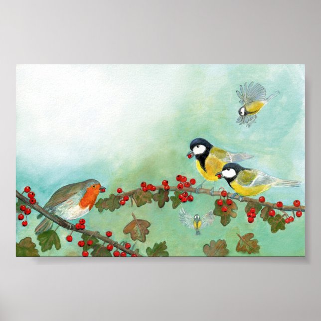 Großwildvögel, Rote Robin und Hawthorn Berries Poster (Vorne)