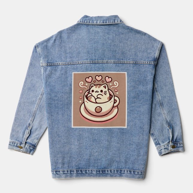 Großzügige Cat & Coffee-Niedliche Kawaii Kitty im  Jeansjacke (Rückseite)
