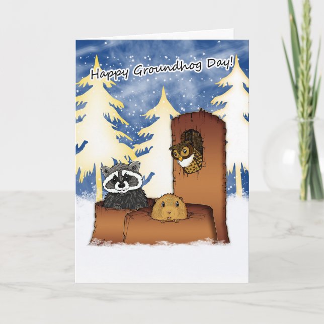 Groundhog Day Card - Groundog, Racoon, Schale Karte (Vorderseite)