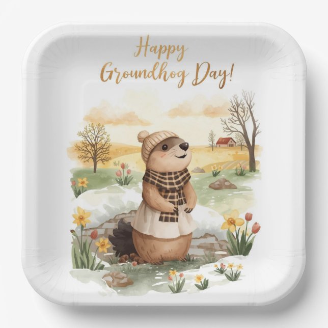 Groundhog day watercolor pappteller (Vorderseite)