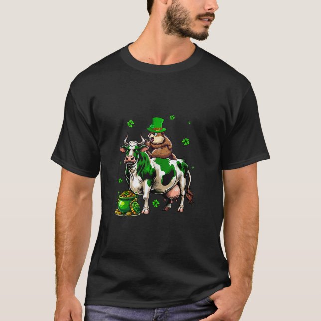 Groundhog Riding Kuh Clovers Lucky Patrick's Day C T-Shirt (Vorderseite)
