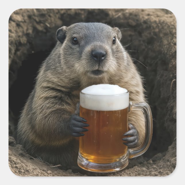 Groundhog With Mug of Beer Quadratischer Aufkleber (Vorderseite)