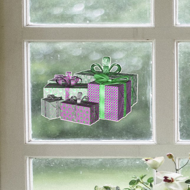 Group Shiny Wrapped Christmas Present Green Purple Fensteraufkleber (Group Christmas shiny presents green and purple wrapping paper with bows on window cling decoration.)