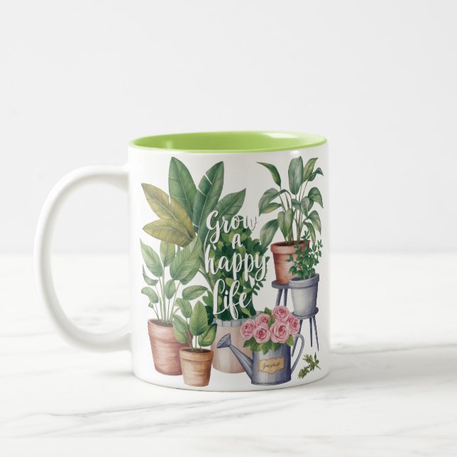 Grow a Happy Life Mug – Sip, Smile & Thrive Zweifarbige Tasse (Links)