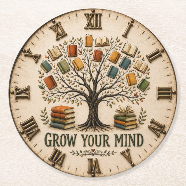 Grow Your Mind Book  Reading Teacher Gift Runder Pappuntersetzer (Vorderseite)