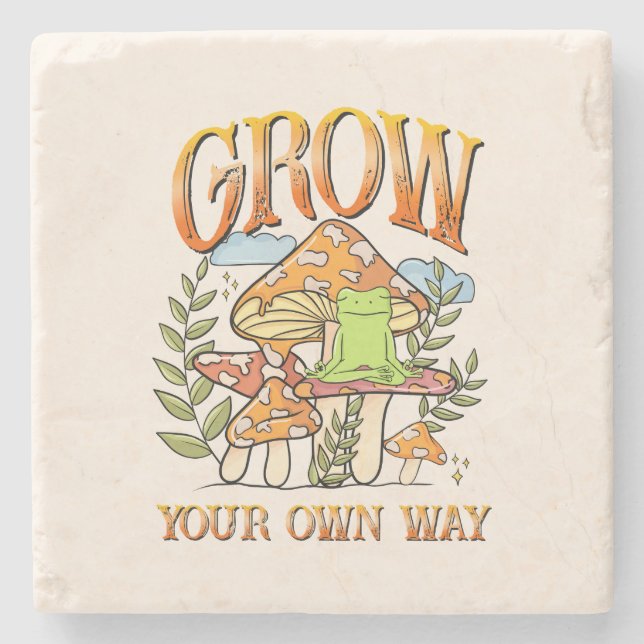 "Grow your own way" | Frosch und Pilze vermitteln Steinuntersetzer (Vorderseite)