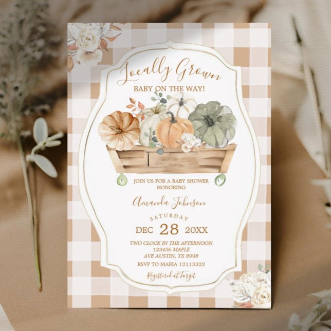 Grown Fall Pumpkin Gingham Baby Shower Einladung (Von Creator hochgeladen)