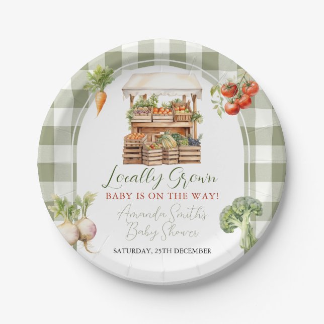 Grown Fresh Market Baby Shower Gingham Pappteller (Vorderseite)