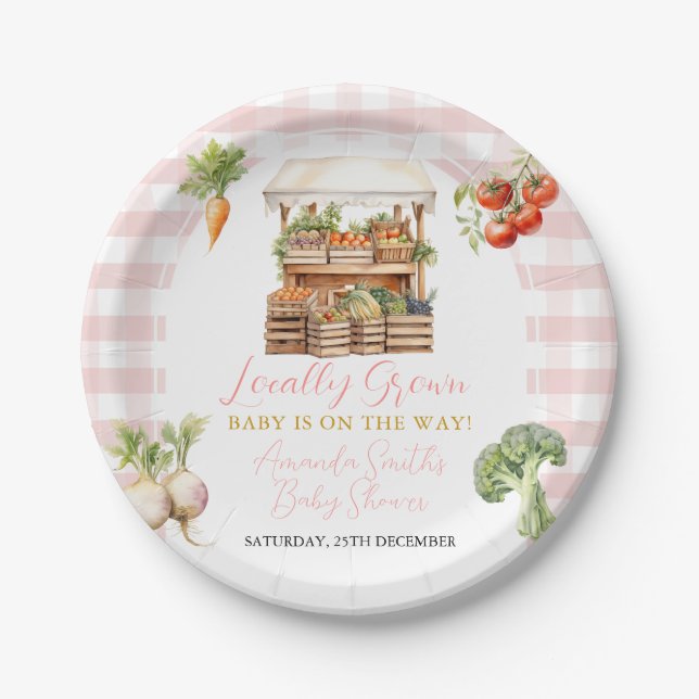 Grown Fresh Market Baby Shower Gingham Pappteller (Vorderseite)