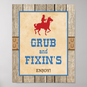 Grub & Fixin's Cowboy-Western-Party-Zeichen Poster