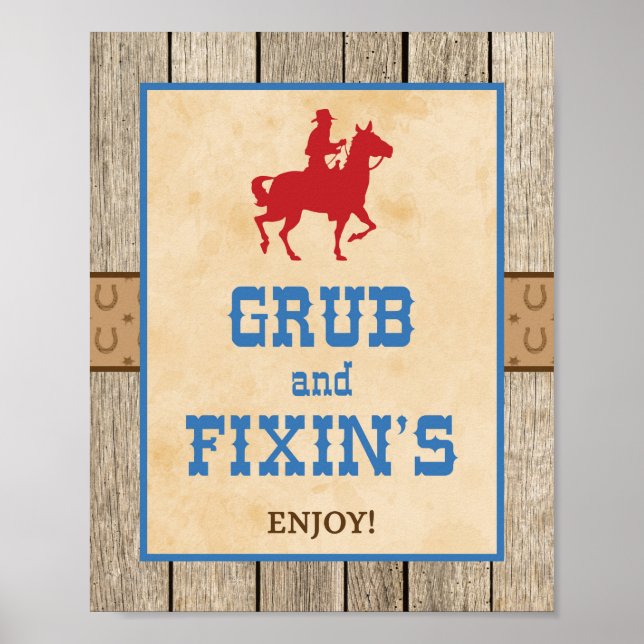 Grub & Fixin's Cowboy-Western-Party-Zeichen Poster (Vorne)