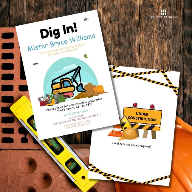 Grube im Baugewerbe Einladung zum Geburtstag (Gear up and dig in with this fun-filled construction-themed invitation.)