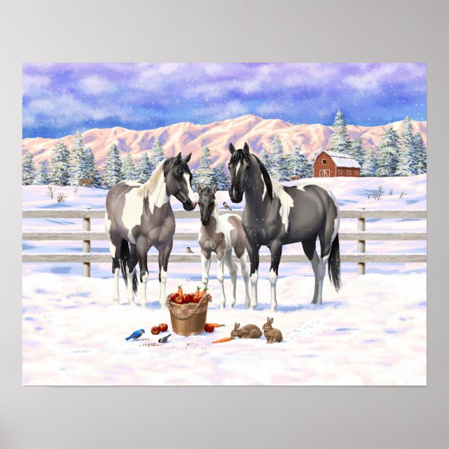 Grulla Pinto Gray Paint Horses on Winter Farm Poster (Vorne)