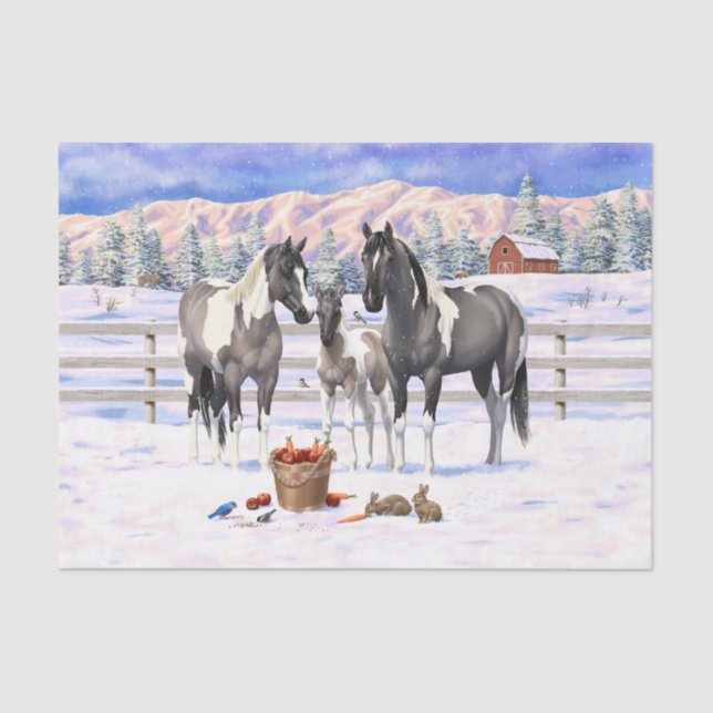 Grulla Pinto Gray Paint Horses on Winter Farm Seidenpapier (Vorderseite)