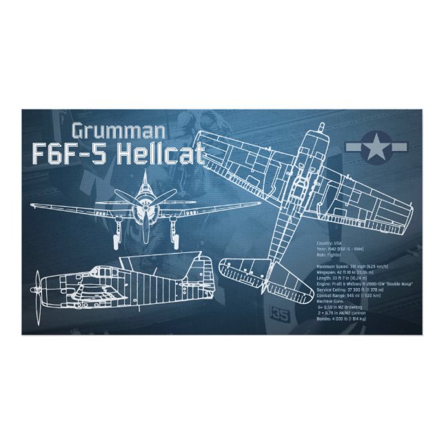 Grumman F6F Hellcat Blueprint Fotodruck (Vorne)