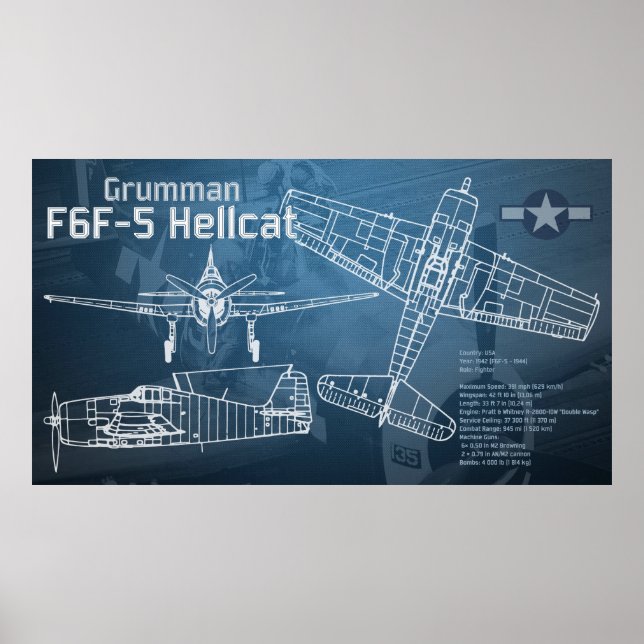 Grumman F6F Hellcat Blueprint Poster (Vorne)