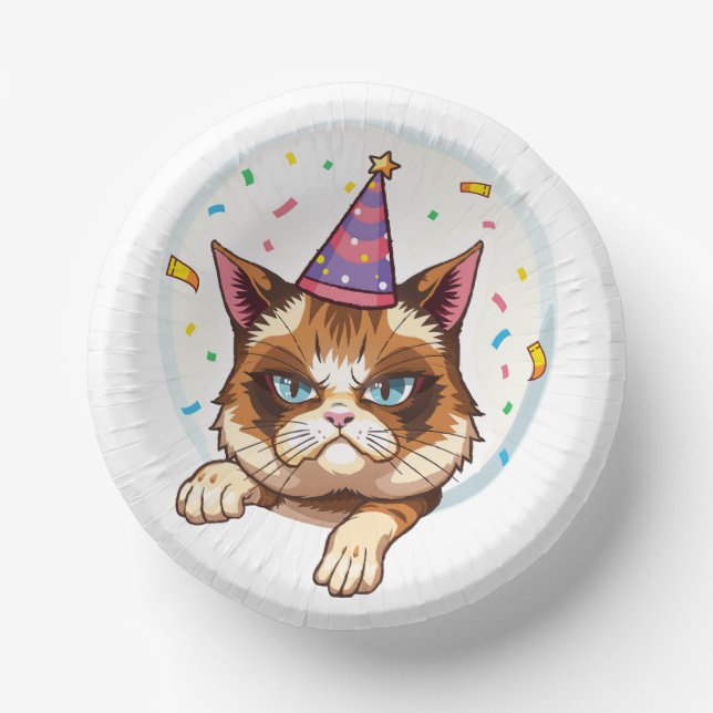 Grumpy Birthday Cat - Party Hat & Confetti Pappteller (Vorderseite)