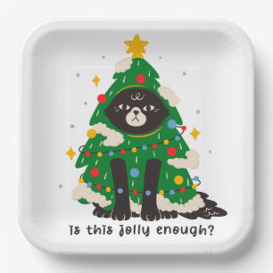 Grumpy Black Cat als Baum verkleidet Pappteller