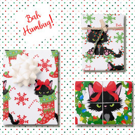 Grumpy Black Cat Bah Humbug Red und Green 3 Geschenkpapier Set