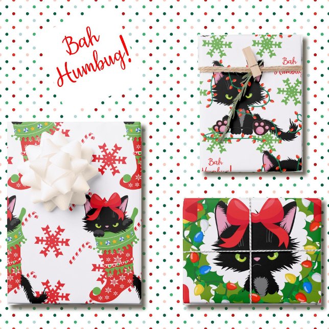 Grumpy Black Cat Bah Humbug Red und Green 3 Geschenkpapier Set (Von Creator hochgeladen)