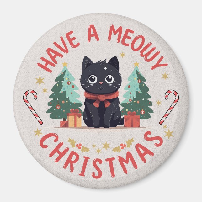 Grumpy Black Cat Meowy Christmas Magnet (Vorne)