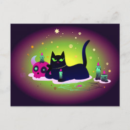 Grumpy Black Cat mit einem Schädel Postkarte