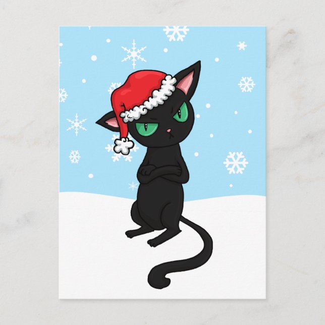 Grumpy Black Cat mit Weihnachtsmannmütze Feiertagspostkarte (Vorderseite)