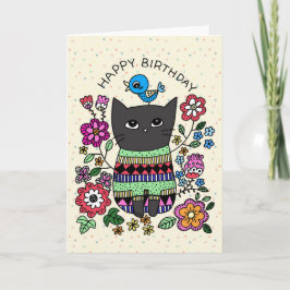 Grumpy Black Cat mit wenig Bluebird Geburtstag Karte
