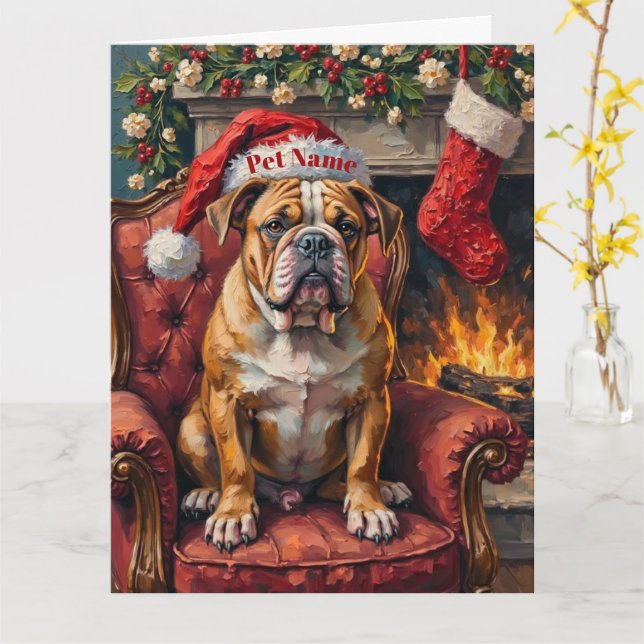 Grumpy Bulldog Christmas Hat on Velvet Chair Karte (Gelbe Blume)