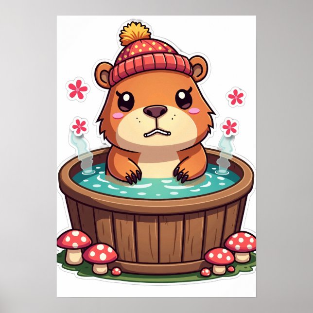 Grumpy Capybara Whirlpool Kawaii Pilz Aufkleber Ku Poster (Vorne)