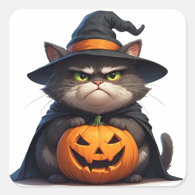 Grumpy Cat Halloween Kürbislaterne 🎃 Quadratischer Aufkleber (Vorderseite)