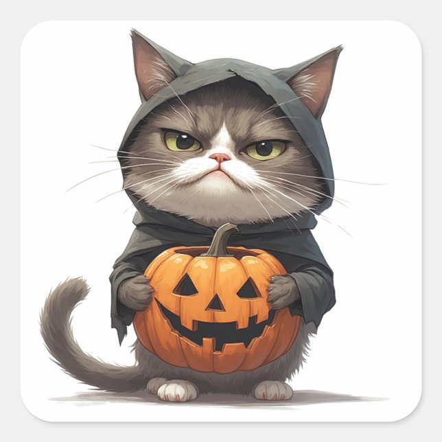 Grumpy Cat im Kürbiskostüm Halloween 🎃 Quadratischer Aufkleber (Vorderseite)