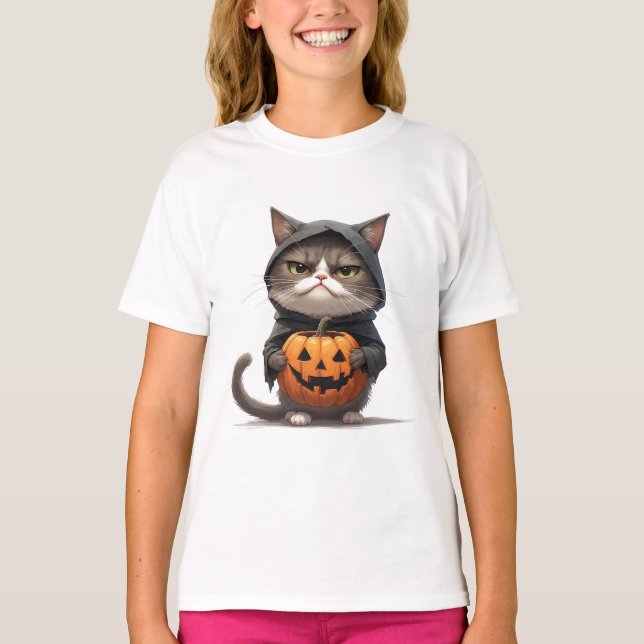 Grumpy Cat im Kürbiskostüm Halloween 🎃 T-Shirt (Vorderseite)