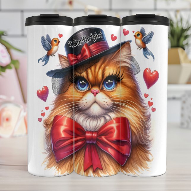 Grumpy Cat in Red Bow Thermosbecher (Von Creator hochgeladen)