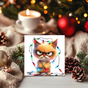 Grumpy Cat in Weihnachtslichtern verheddert Feiertagskarte